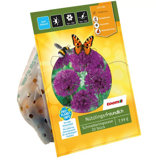 Packaging featuring an illustration of purple flowers, a butterfly and a bumblebee, as well as information about bee-friendly plants for the garden.