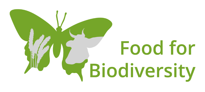 A green butterfly with silhouettes of plants and a cow on its wing, and the text ‘Food for Biodiversity’