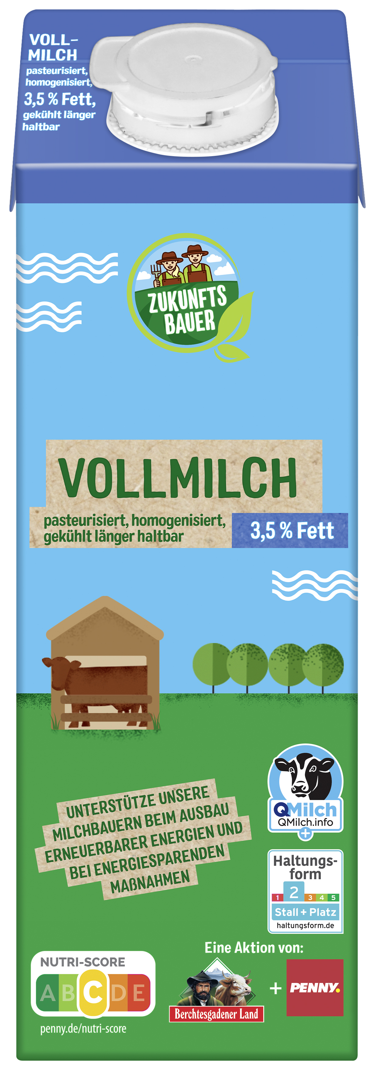 A blue milk carton labelled &lsquo;Whole milk, 3.5% fat&rsquo; features a logo depicting two farmers, an illustration of a wooden barn and trees, as well as information on supporting sustainable agriculture and a Nutri-Score.