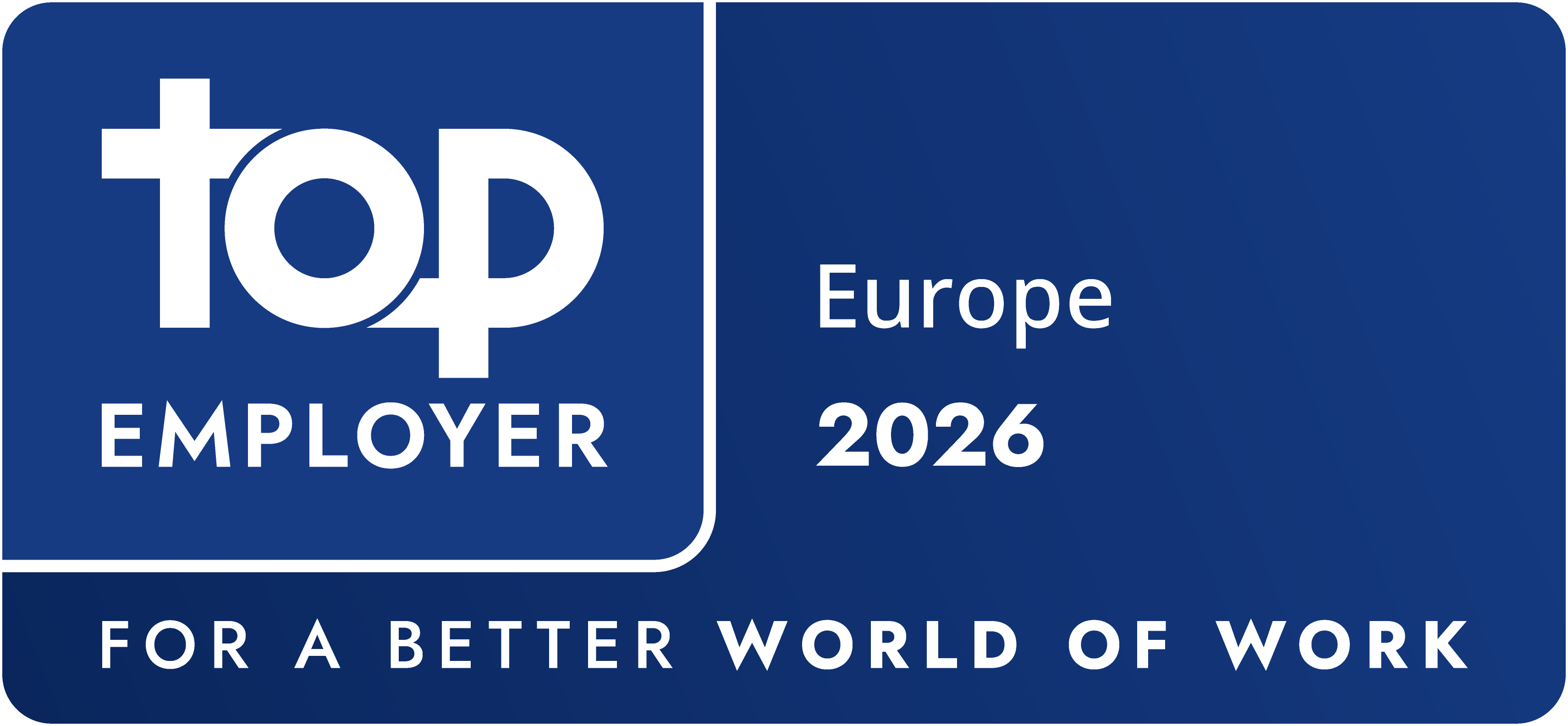 The logo shows the ‘Top Employer Europe 2026’ award with the slogan ‘For a better world of work’ on a blue background.