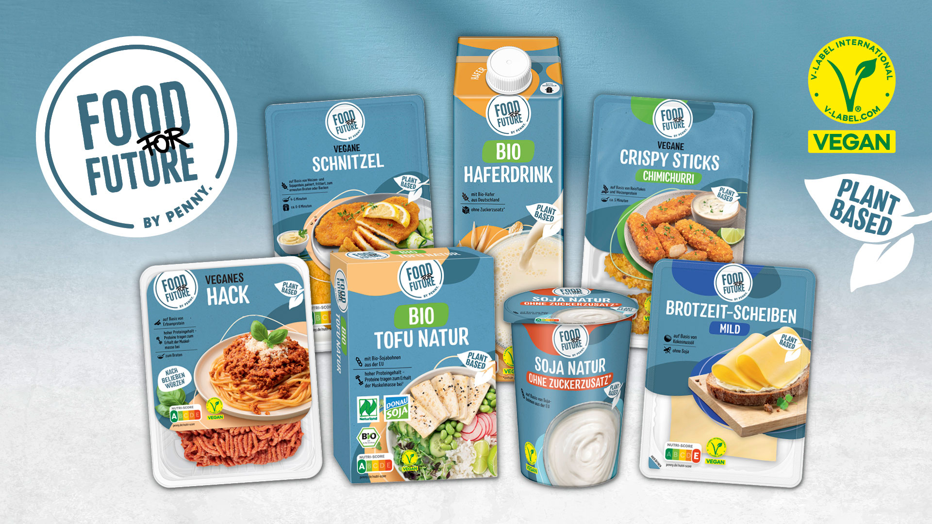 Various vegan food products from Food for Future are arranged against a light background, alongside logos indicating that they are organic, vegan and plant-based.