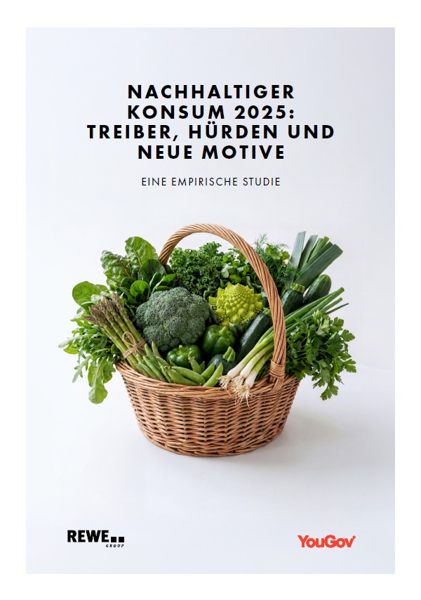 A basket full of fresh green vegetables is pictured against a white background, with the title &lsquo;Sustainable Consumption 2025: Drivers, Barriers and New Motivations&rsquo;.