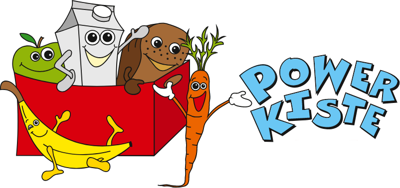 A cheerful cartoon illustration of various foods with faces and arms emerging from a red box, alongside the words &lsquo;Power Kiste&rsquo;.